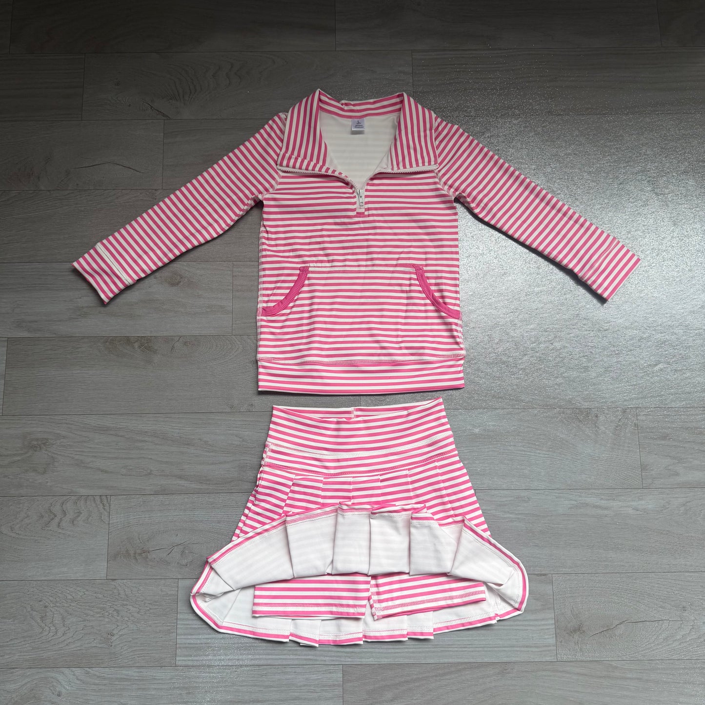 Pink stripe pullover pleated skirt girls active wear set