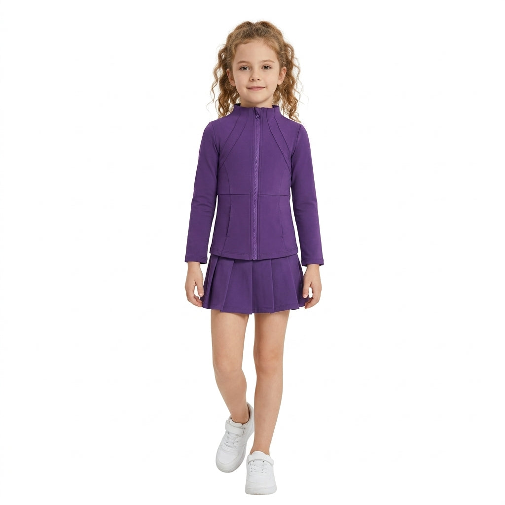 Purple zipper jacket pleated skirt girls activewear set