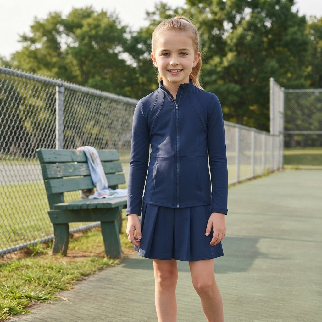 Navy zipper jacket pleated skirt girls activewear set