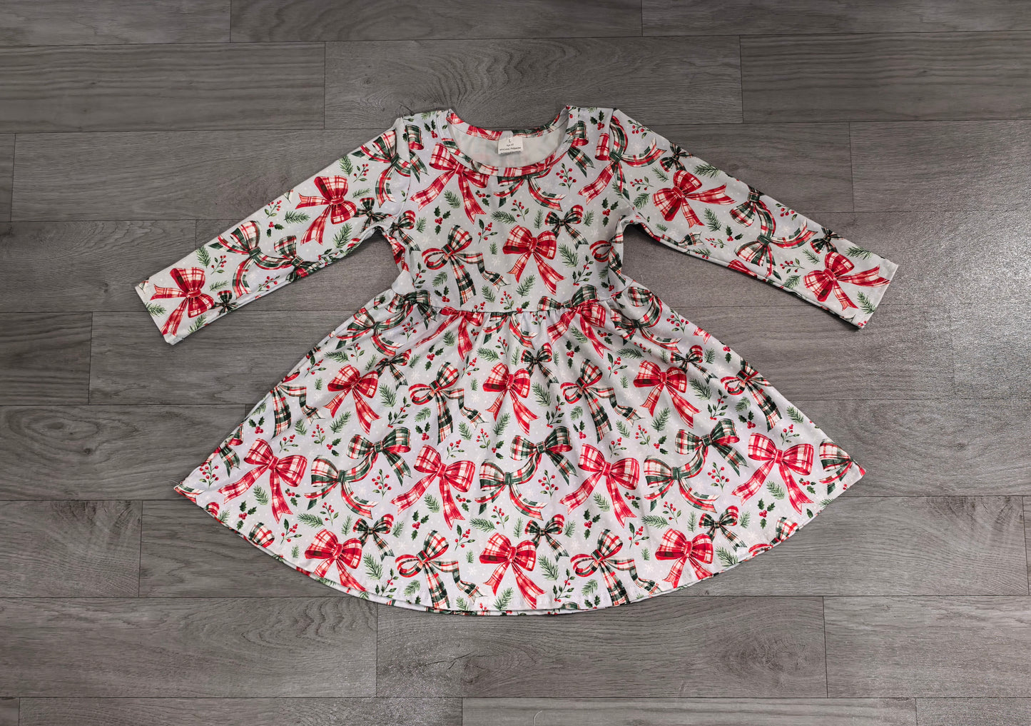 Long sleeves red green plaid bows girls Christmas dress