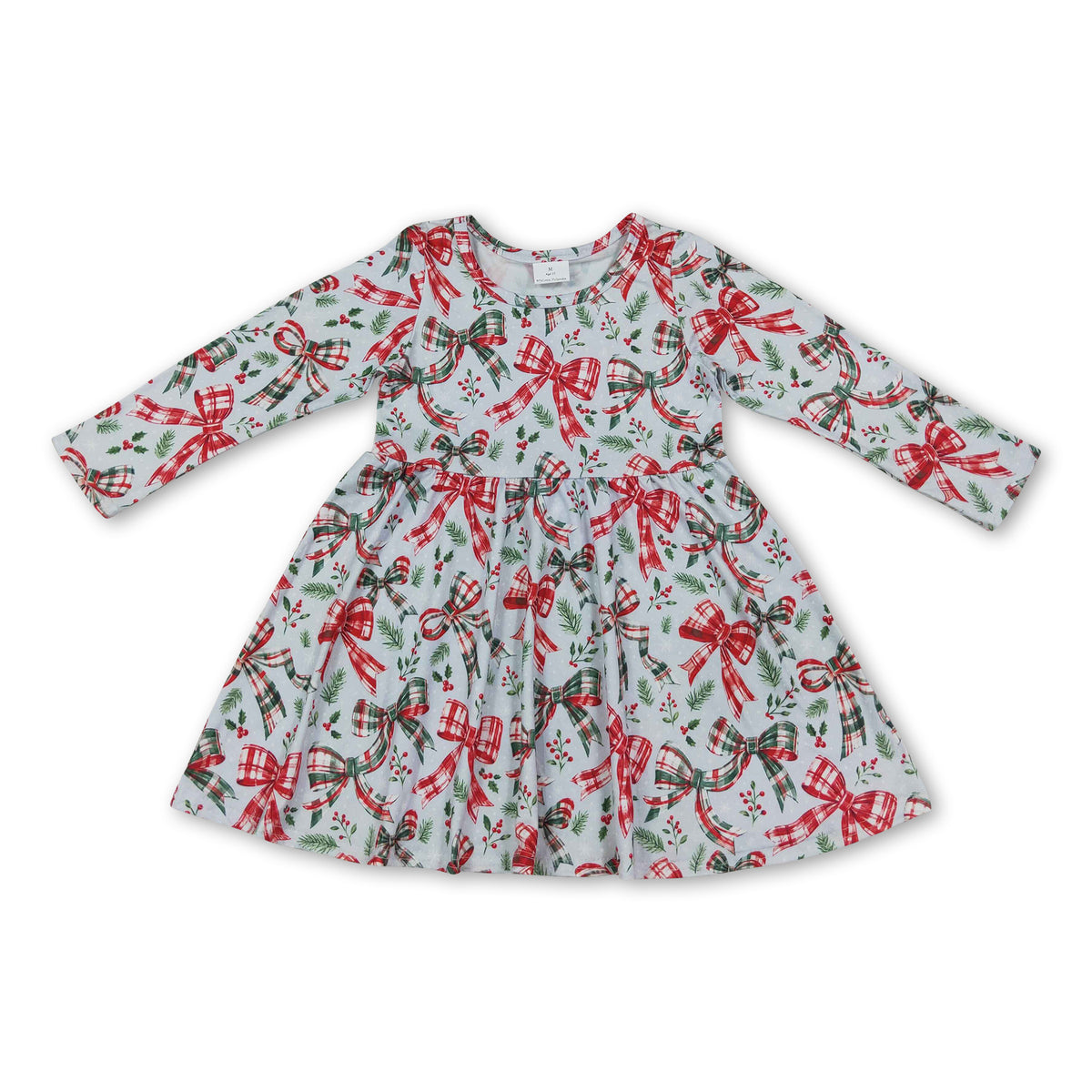 Long sleeves red green plaid bows girls Christmas dress
