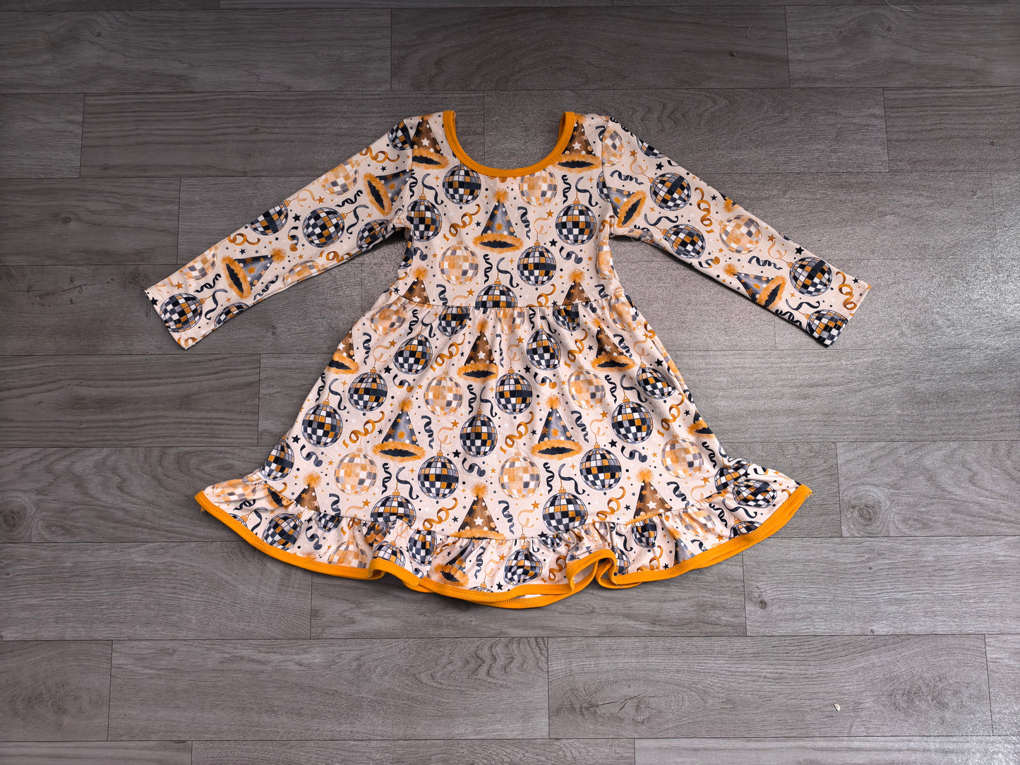 Long sleeves ruffle kids girls Happy New Year dress