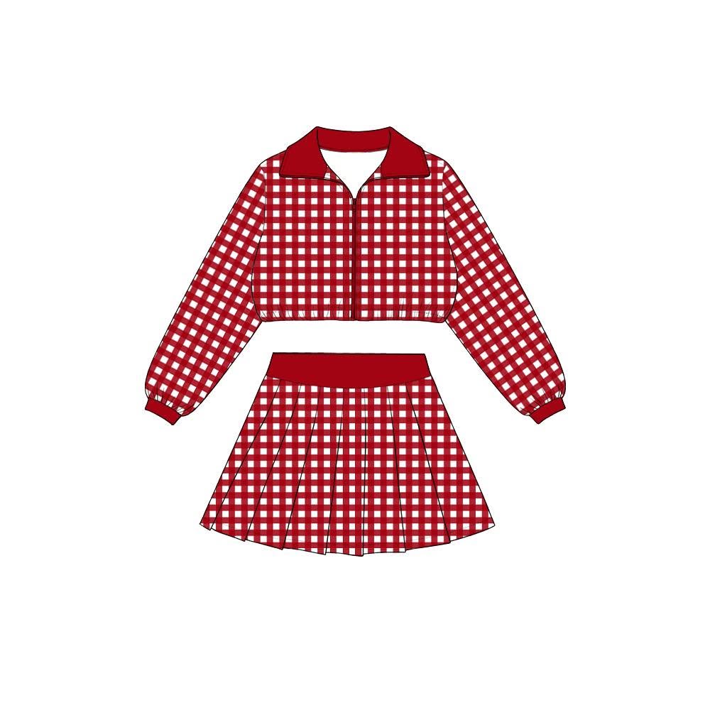 Red plaid jacket pleated skirt girls active wear set