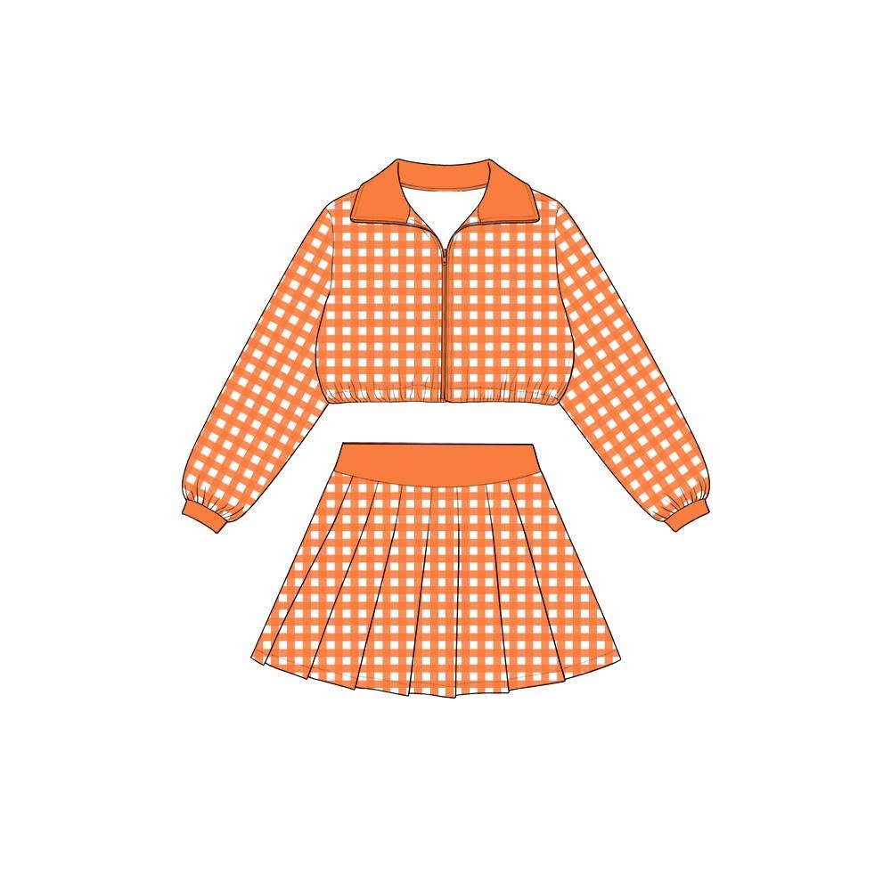 Orange plaid jacket pleated skirt girls active wear set