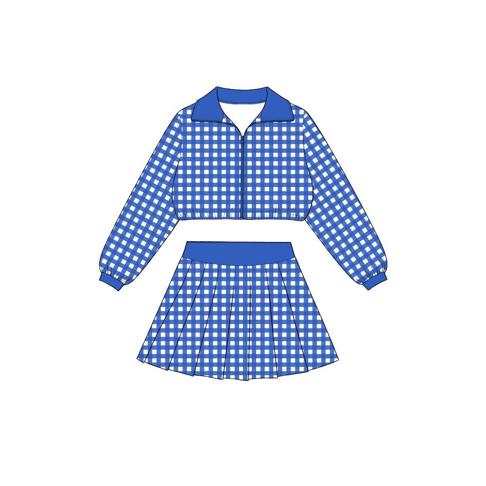 Blue plaid jacket pleated skirt girls active wear set