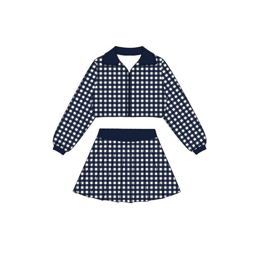 Navy plaid jacket pleated skirt girls active wear set