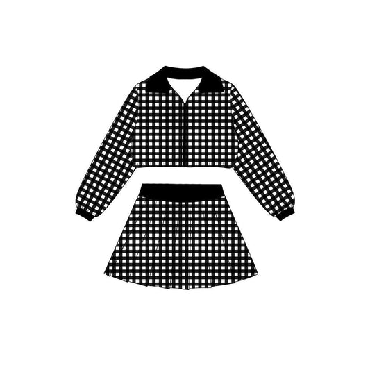 Black plaid jacket pleated skirt girls active wear set