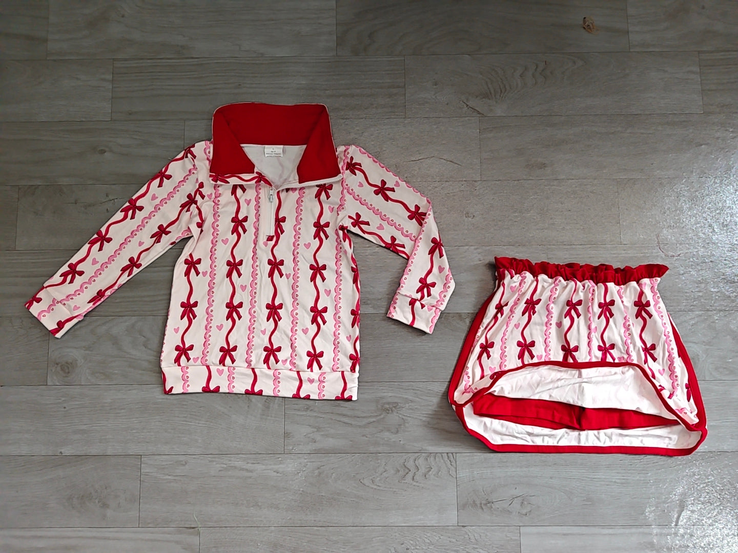 Red bow heart pullover skirt girls Valentine's set