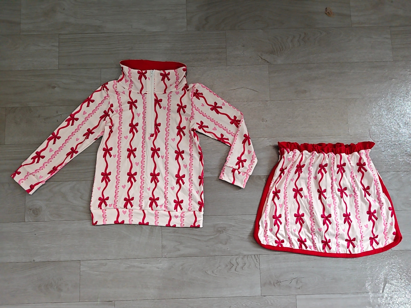 Red bow heart pullover skirt girls Valentine's set