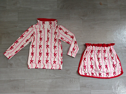 Red bow heart pullover skirt girls Valentine's set