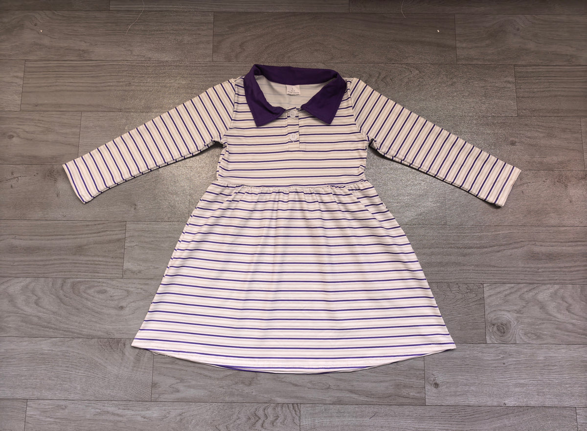 Long sleeves purple stripe kids girls polo dress