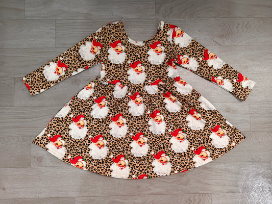 Long sleeves leopard santa kids girls Christmas dress