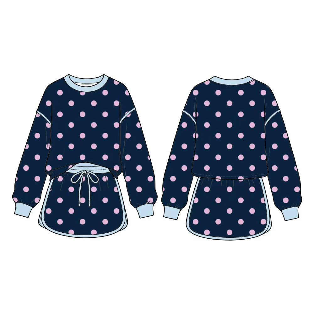 Long sleeves navy pink polka dots top skirt girls outfits