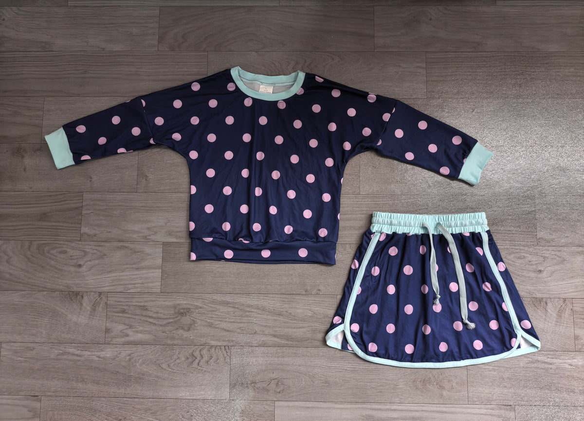 Long sleeves navy pink polka dots top skirt girls outfits