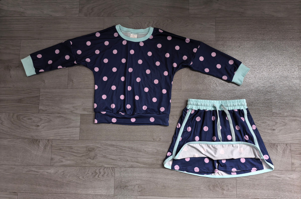 Long sleeves navy pink polka dots top skirt girls outfits