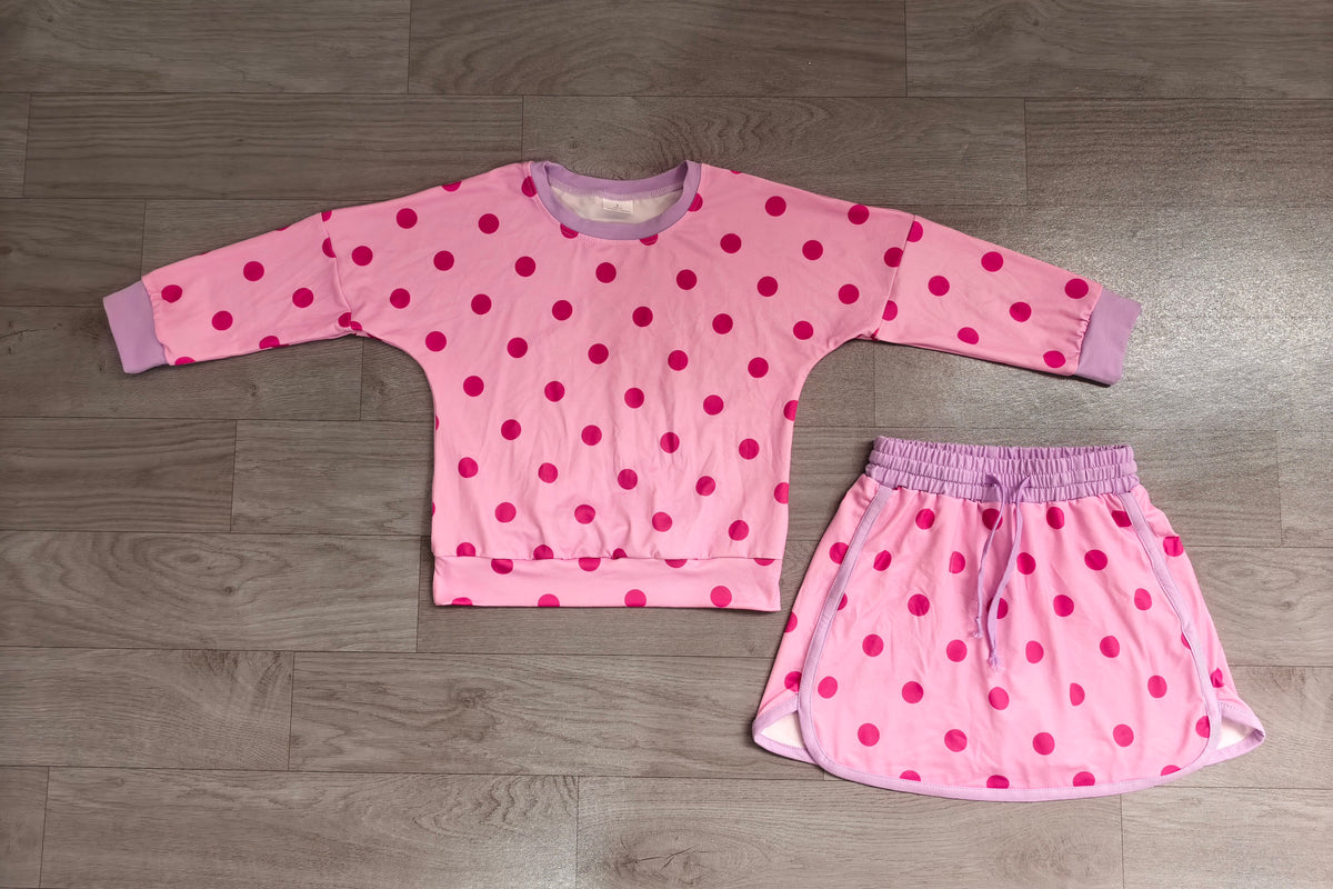 Long sleeves hot pink polka dots top skirt girls outfits