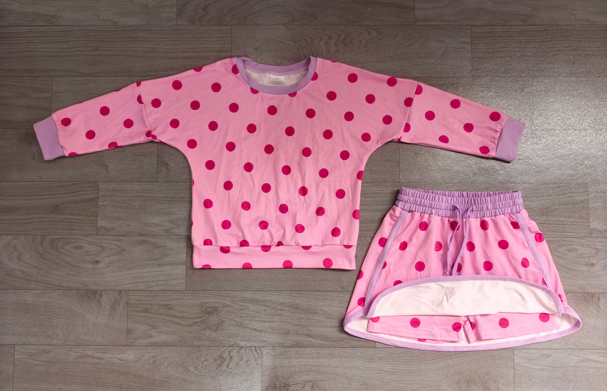 Long sleeves hot pink polka dots top skirt girls outfits