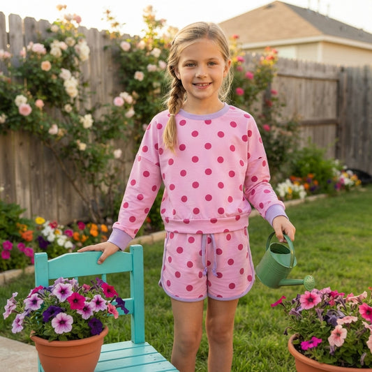 Long sleeves hot pink polka dots top skirt girls outfits