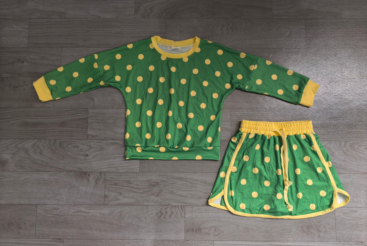 Long sleeves green yellow polka dots top skirt girls outfits