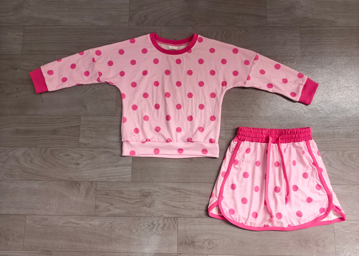 Long sleeves light pink polka dots top skirt girls outfits