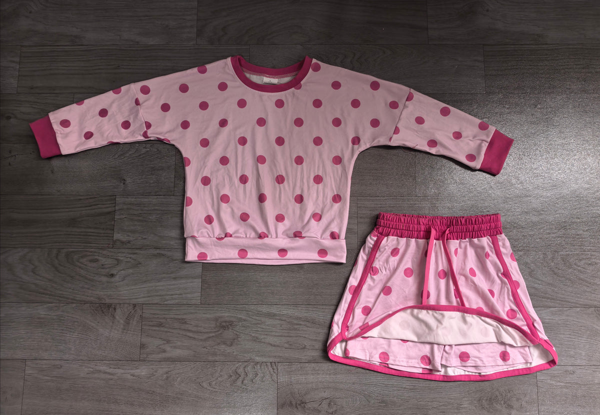 Long sleeves light pink polka dots top skirt girls outfits
