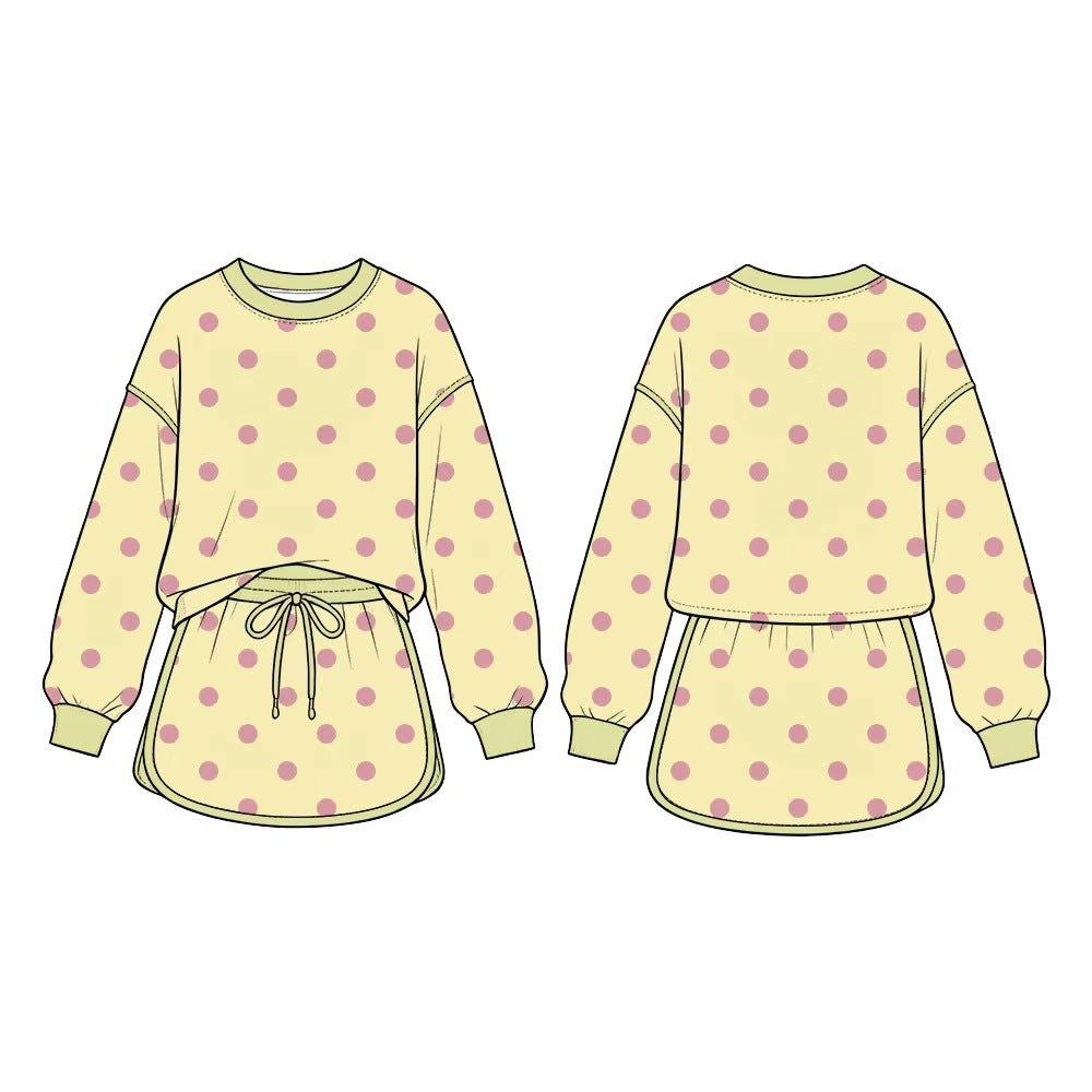 Long sleeves yellow polka dots top skirt girls outfits