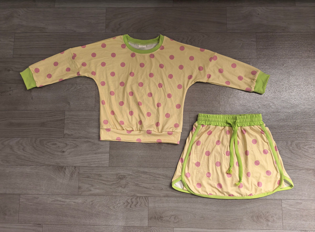 Long sleeves yellow polka dots top skirt girls outfits