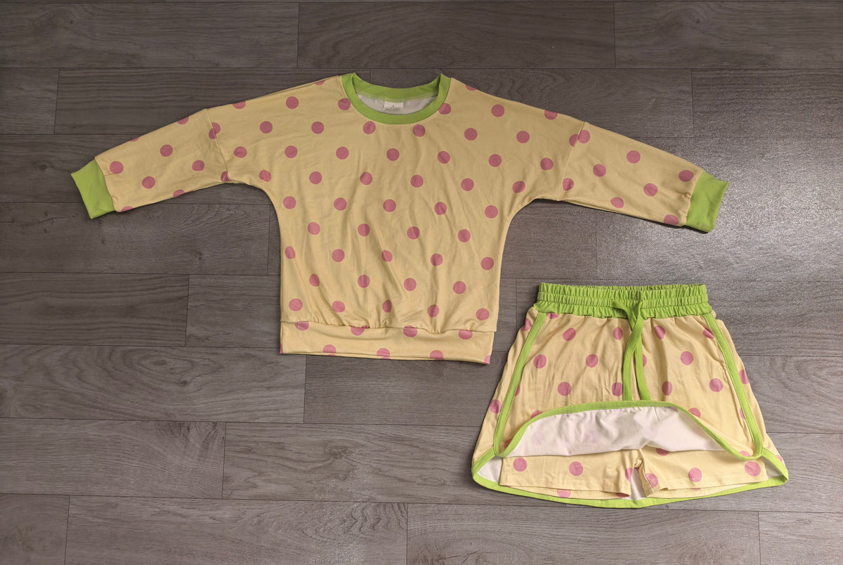 Long sleeves yellow polka dots top skirt girls outfits