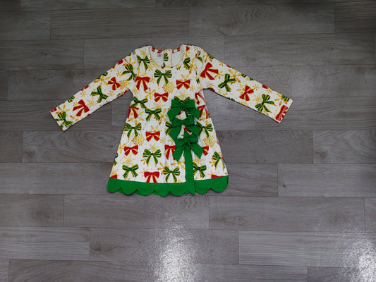 Red green bow scallop girls Christmas athletic dress