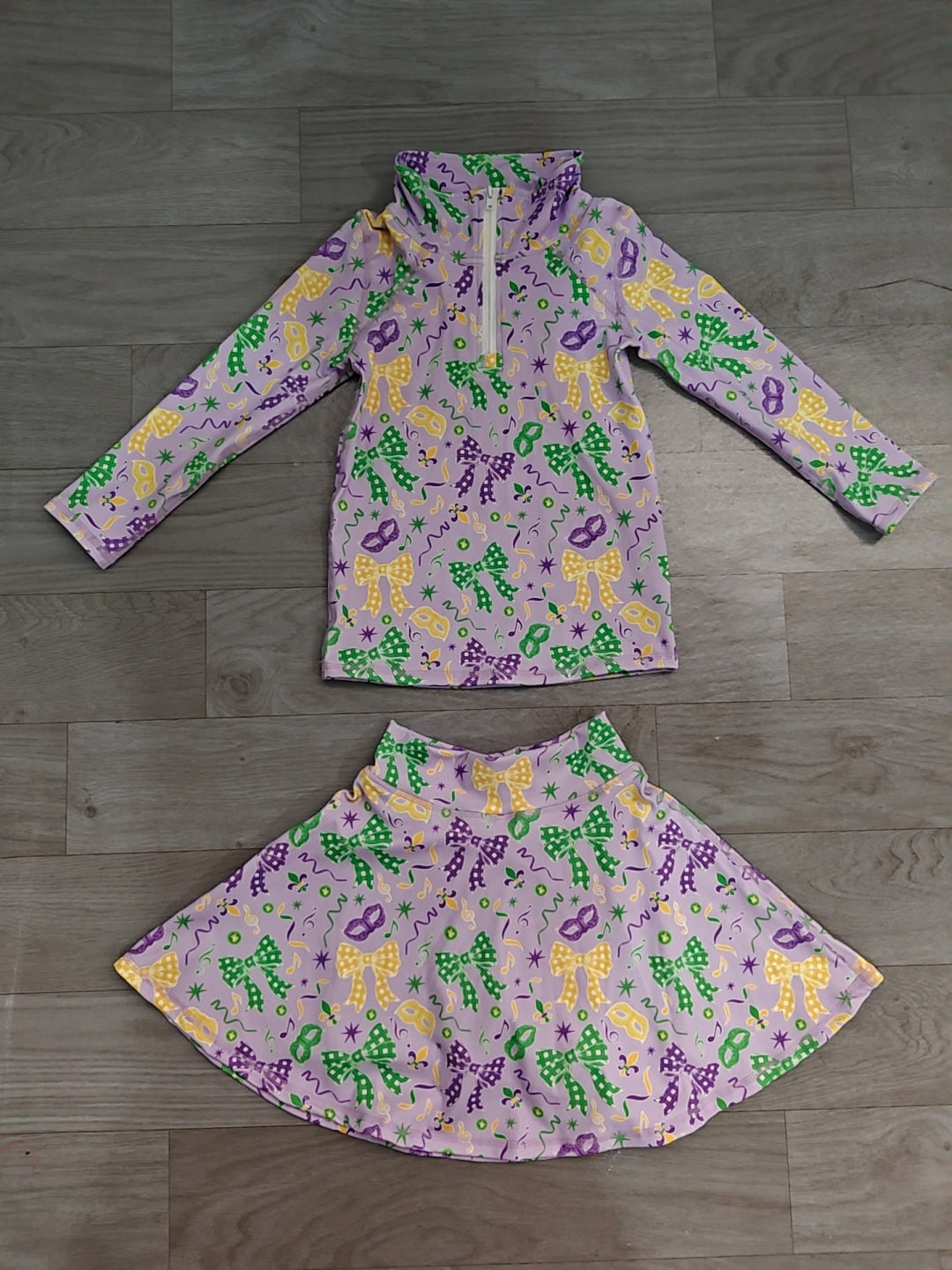 Plaid bows pullover skirt girls Mardi Gras active wear set