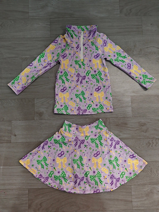 Plaid bows pullover skirt girls Mardi Gras active wear set