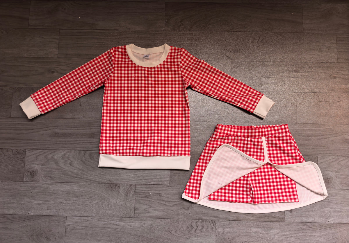 Long sleeves red plaid top skirt girls active wear set