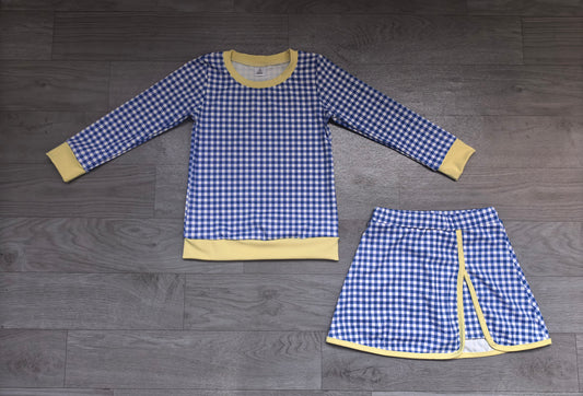 Long sleeves blue plaid top skirt girls active wear set