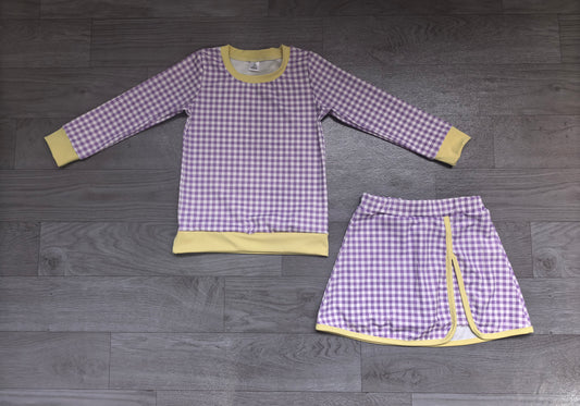 Long sleeves lavender plaid top skirt girls active wear set
