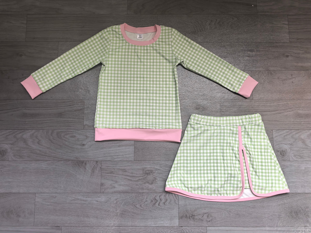 Long sleeves green plaid top skirt girls active wear set