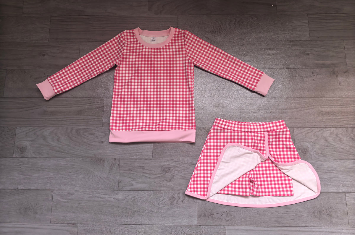 Long sleeves hot pink plaid top skirt girls active wear set