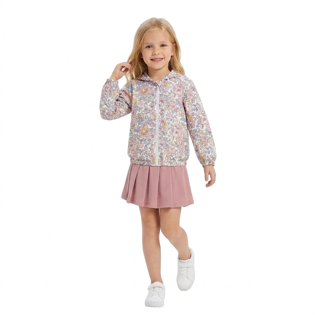 Floral zipper hooded jacket pink pleated skirt girls outfits