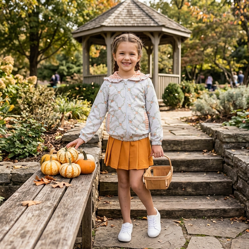 Pumpkin zipper hooded jacket pleated skirt girls outfits
