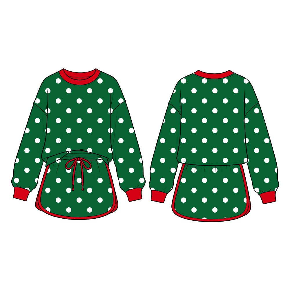 Long sleeves green polka dots girls Christmas skirt set