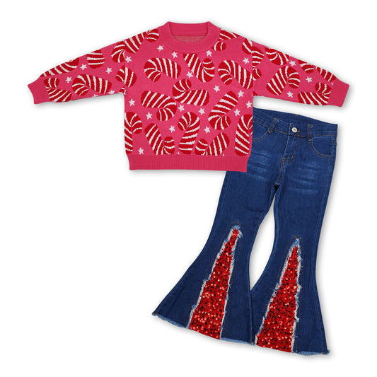 Candy cane sweater sequin denim pants girls Christmas outfits