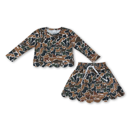 Long sleeves brown camo scallop top skirt girls outfit