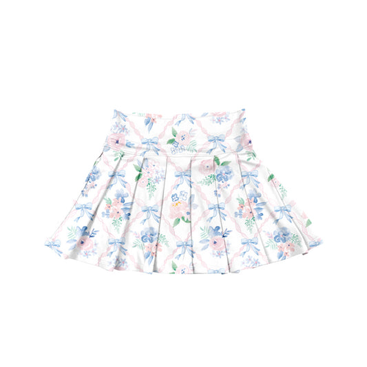 Light blue bow floral kids girls summer activewear pleated skorts