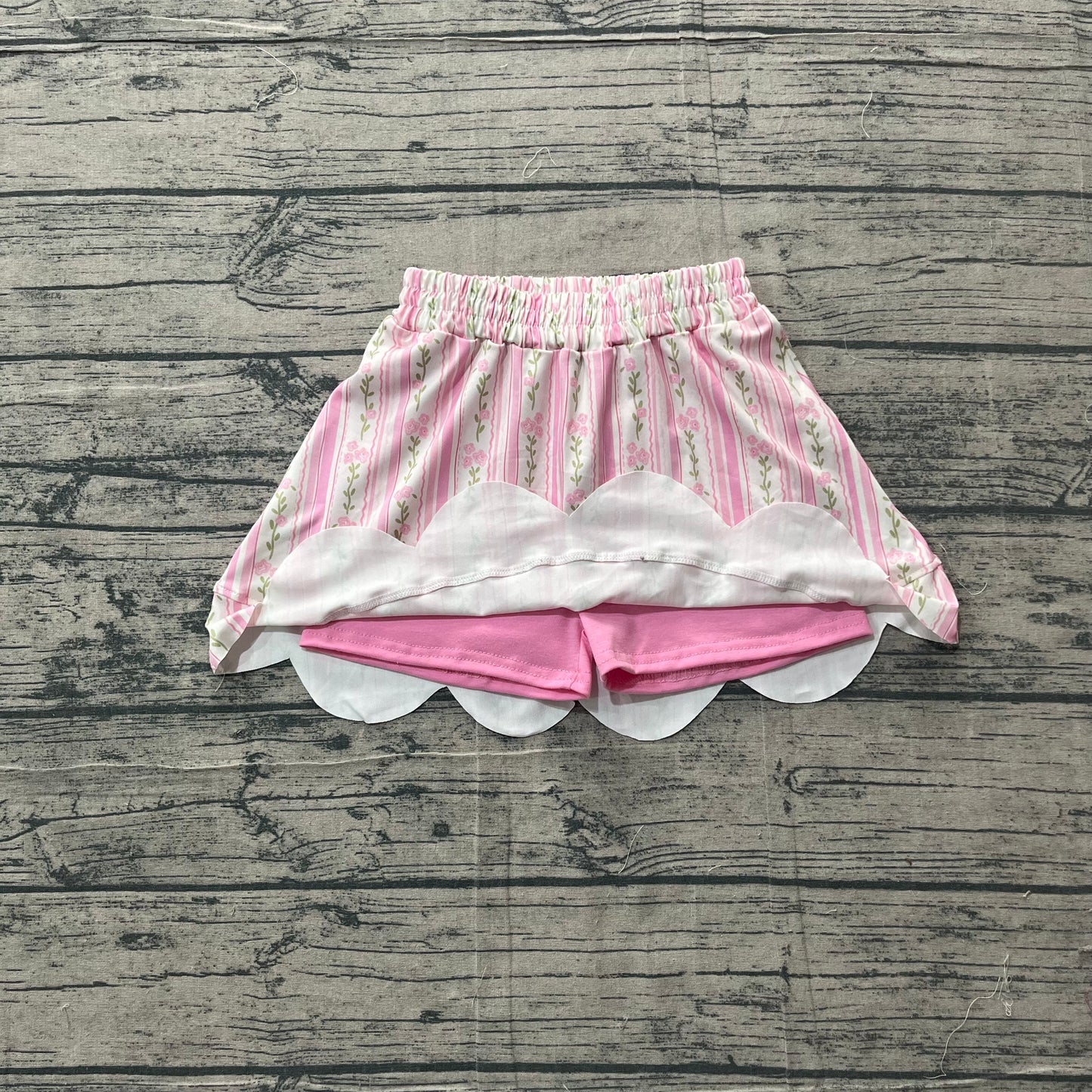 Pink floral elastic waist scallop kids girls skirts
