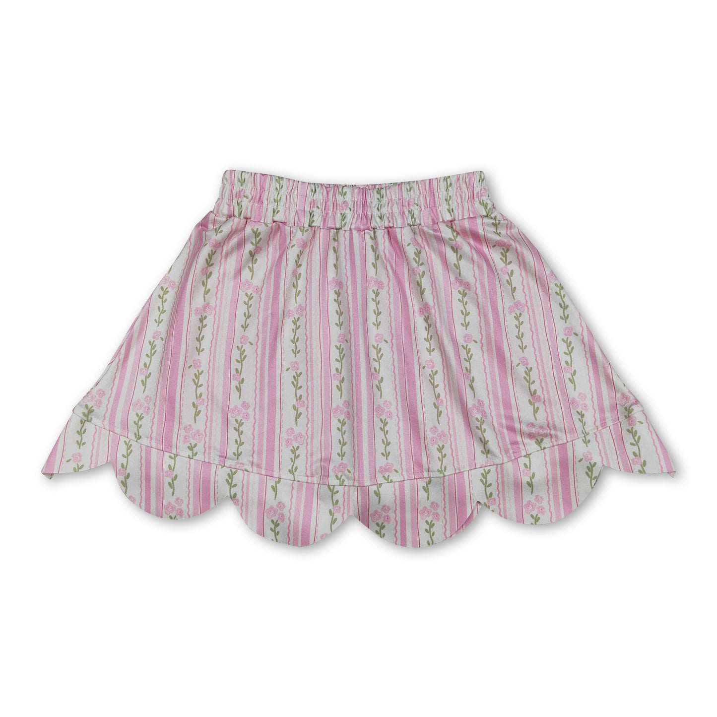 Pink floral elastic waist scallop kids girls skirts