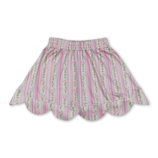 Pink floral elastic waist scallop kids girls skirts