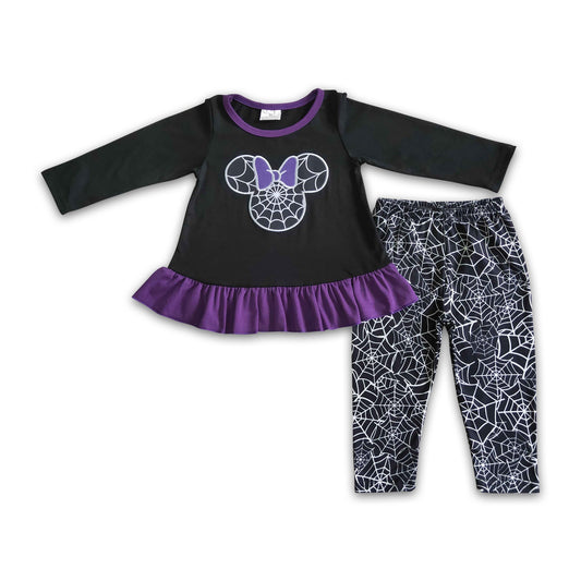 Spiderweb embroidery black purple tunic leggings girls Halloween clothing