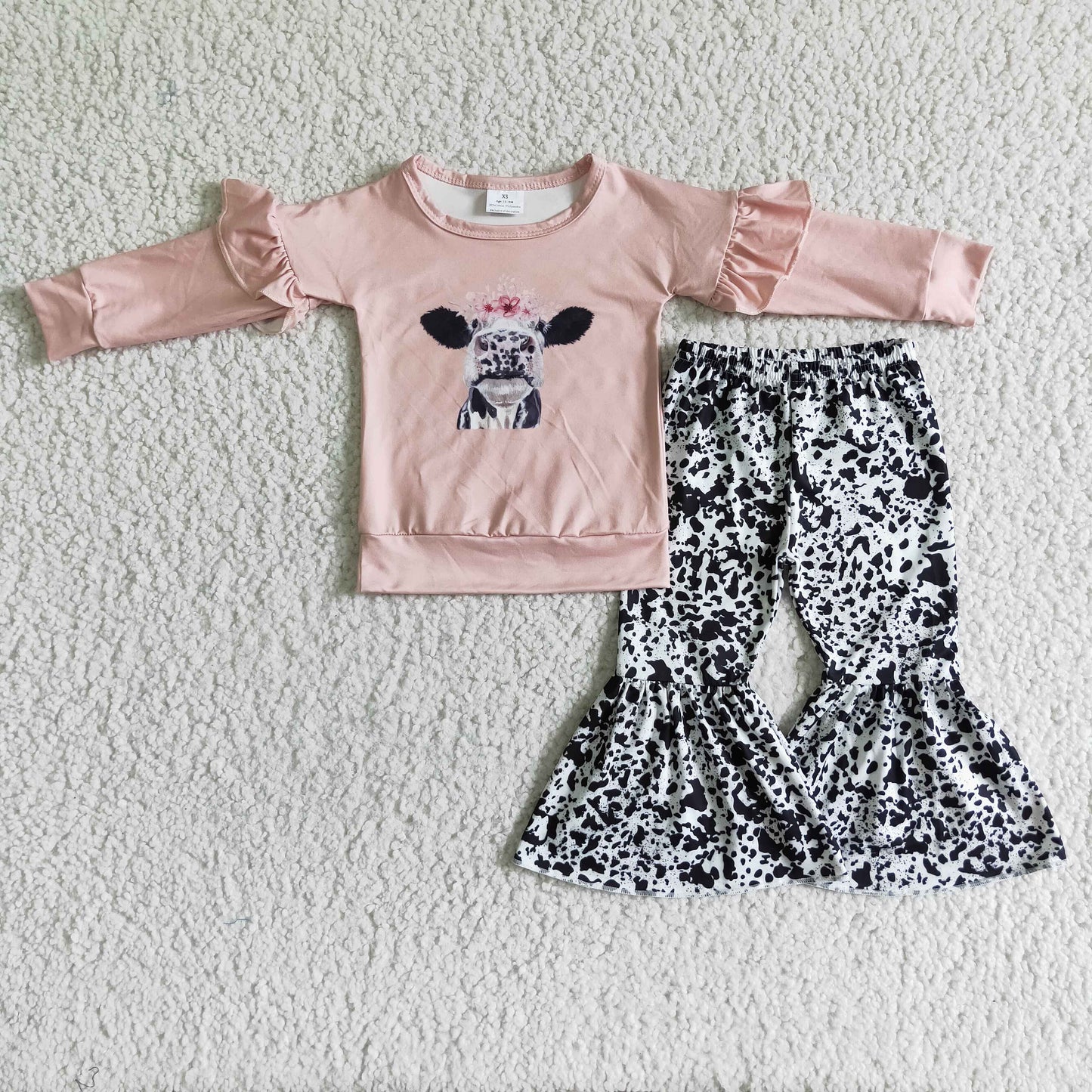 Long sleeve pink cow shirt bell bottom pants girls clothes