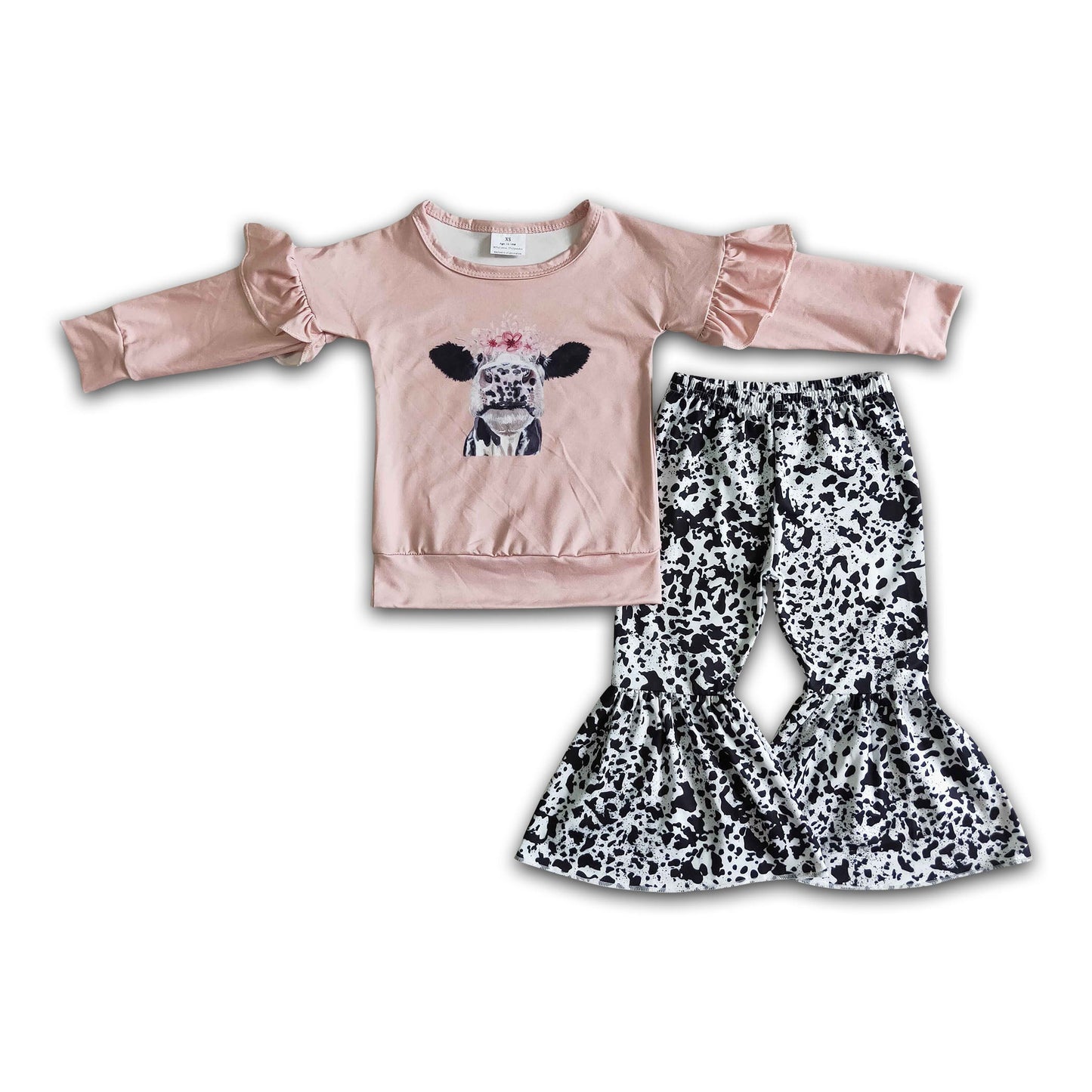 Long sleeve pink cow shirt bell bottom pants girls clothes