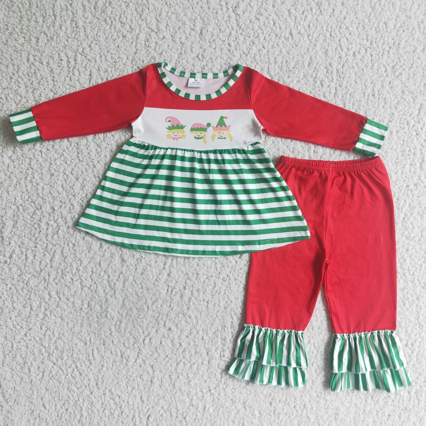 Stripe tunic match red ruffle pants girls Christmas clothes