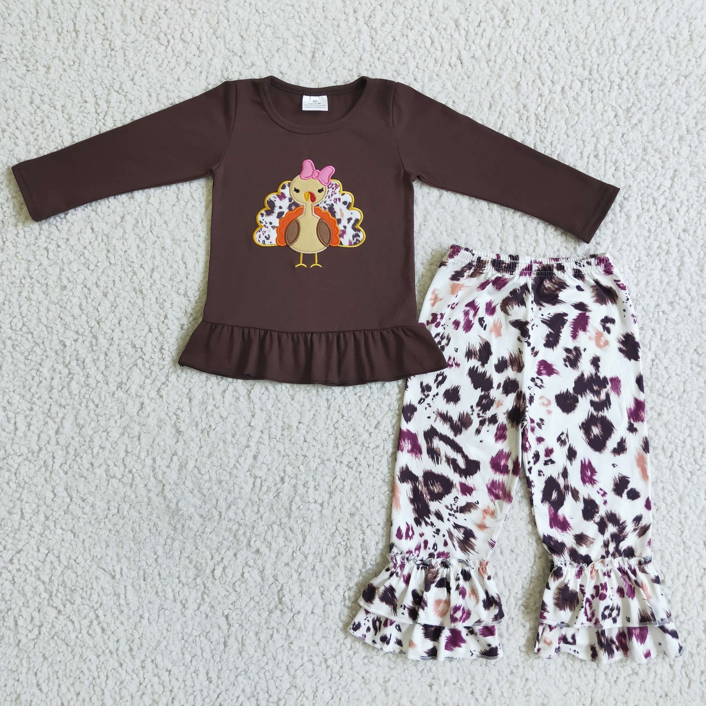 Brown cotton turkey embroidery girls Thanksgiving clothes